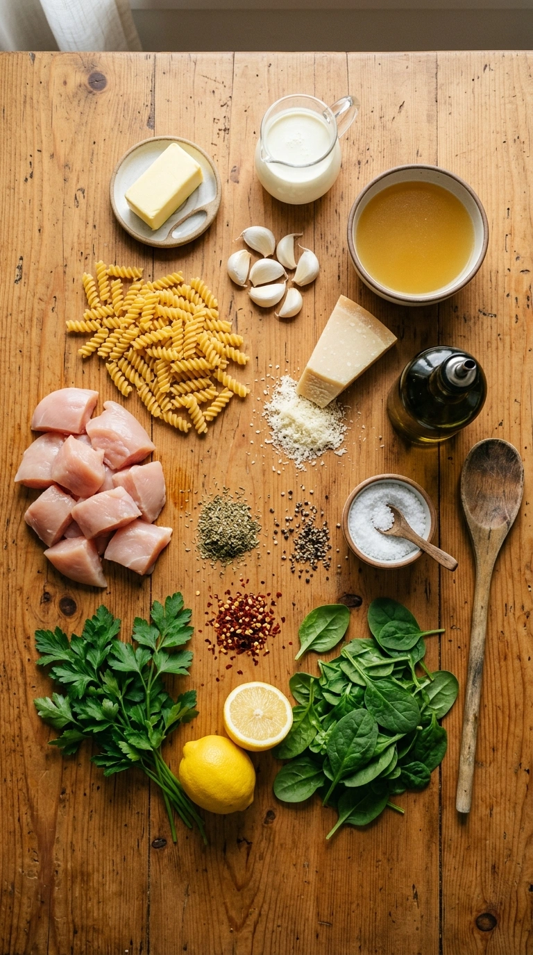 Ingredients for garlicky buttery italian chicken pasta