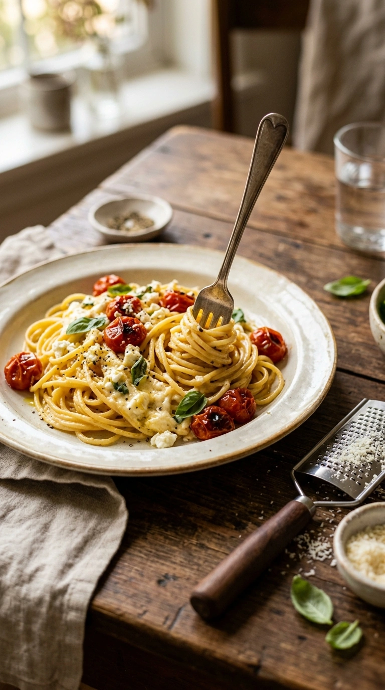 creamy hearty baked feta pasta ready to serve