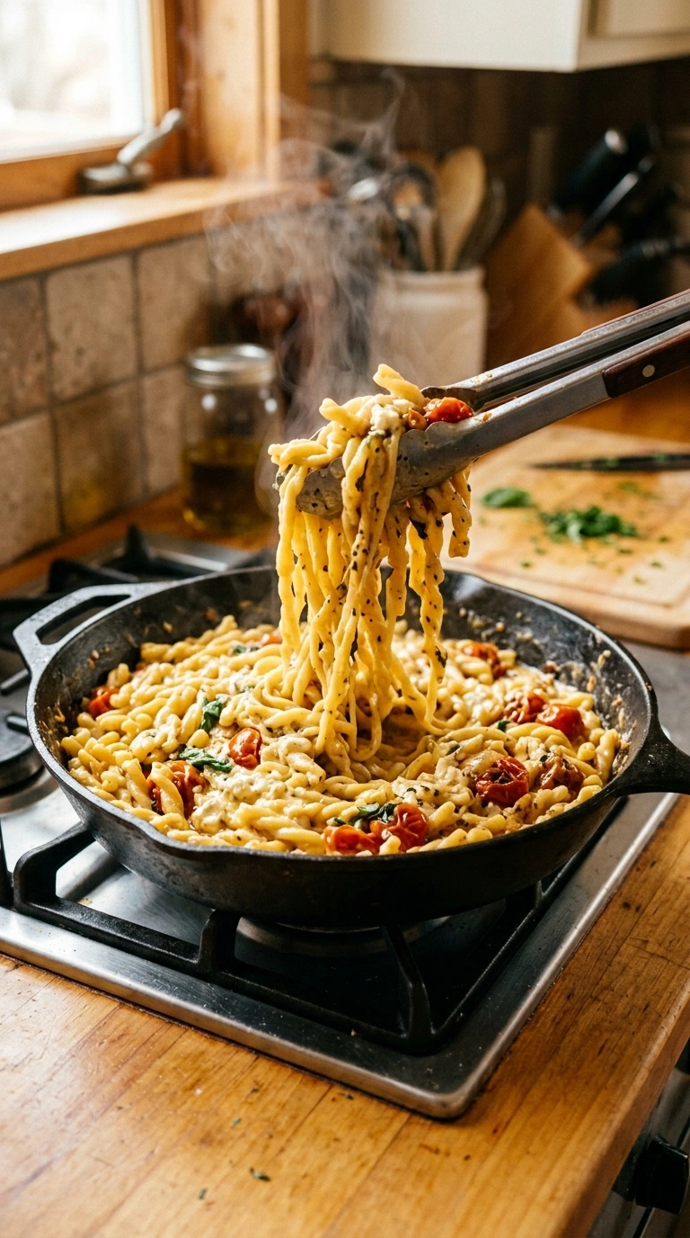 Cooking instructions for creamy hearty baked feta pasta