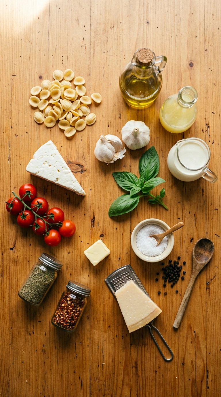 Ingredients for creamy hearty baked feta pasta