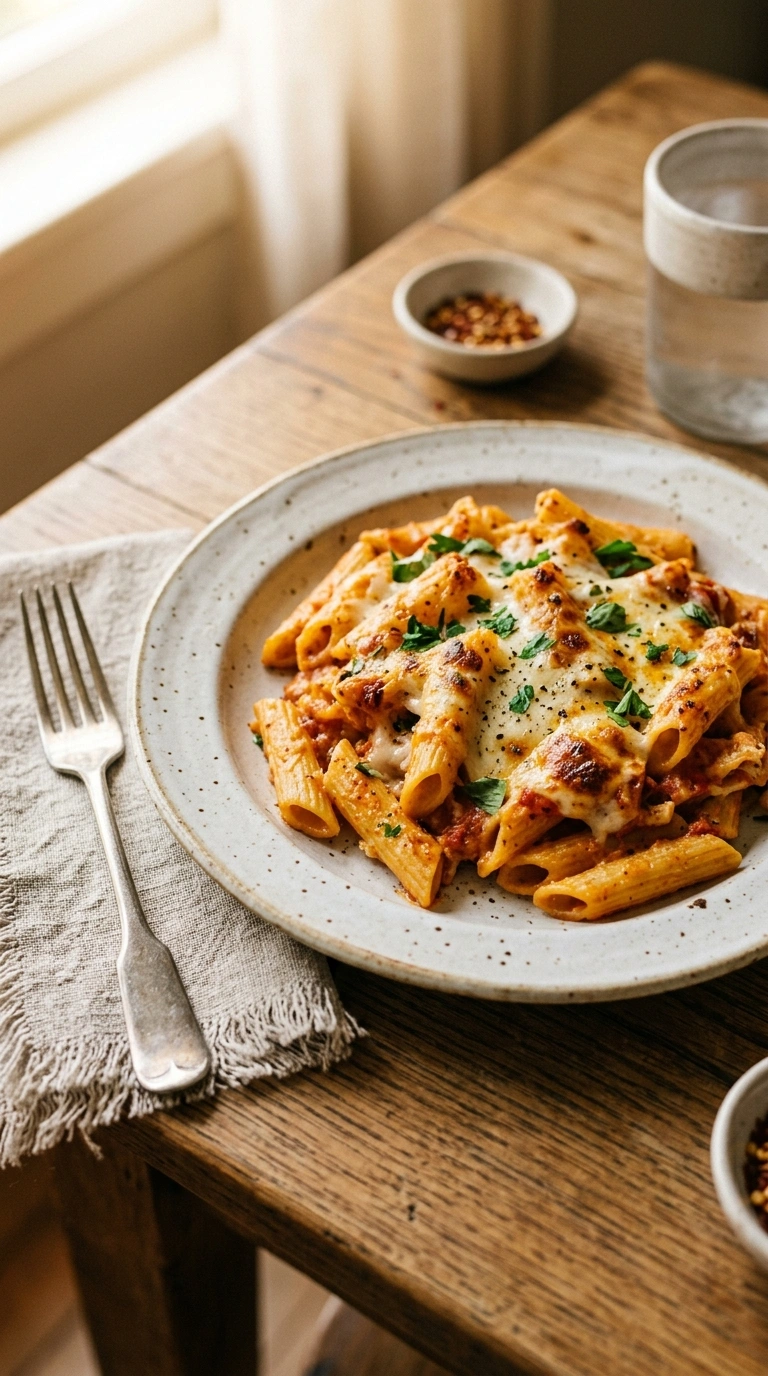 creamy hearty tomato feta pasta bake ready to serve