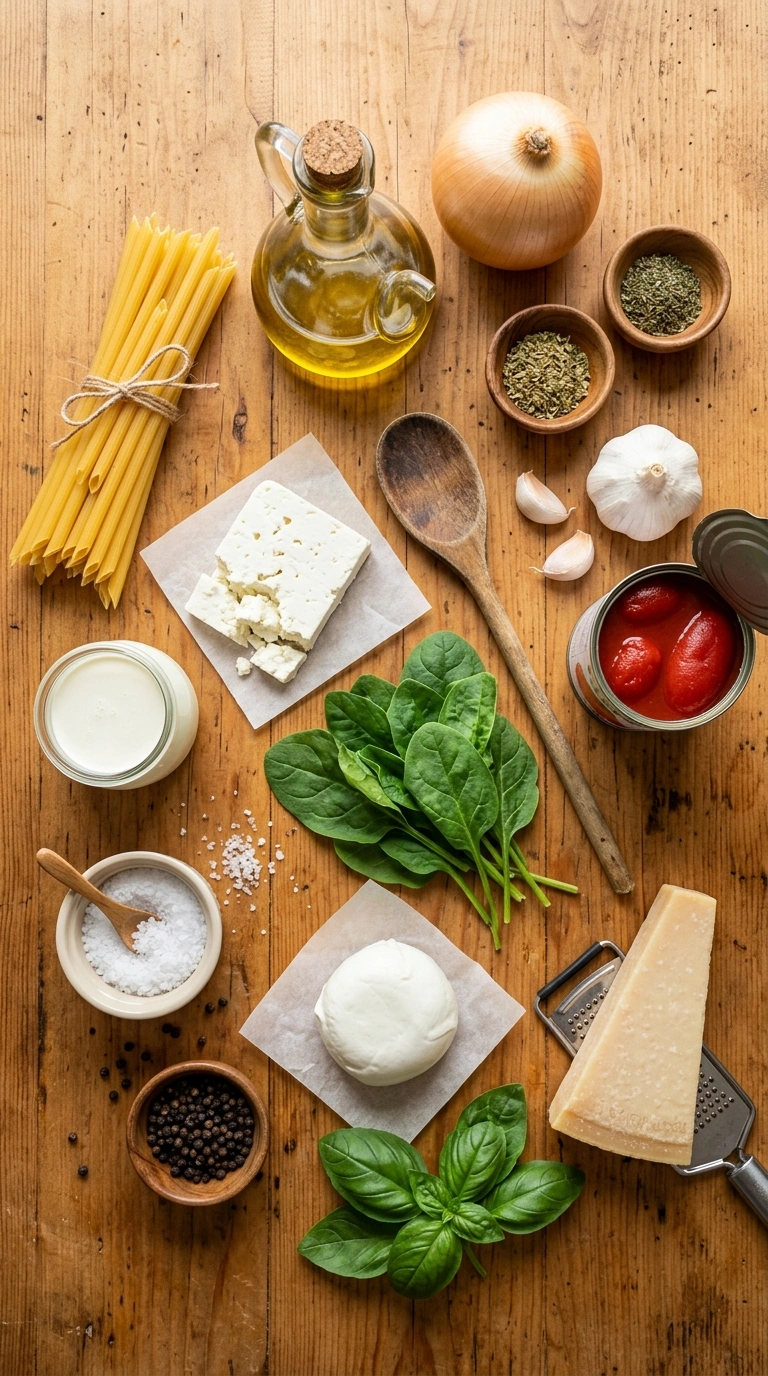Ingredients for creamy hearty tomato feta pasta bake
