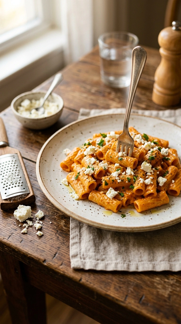 creamy hearty pumpkin feta pasta ready to serve