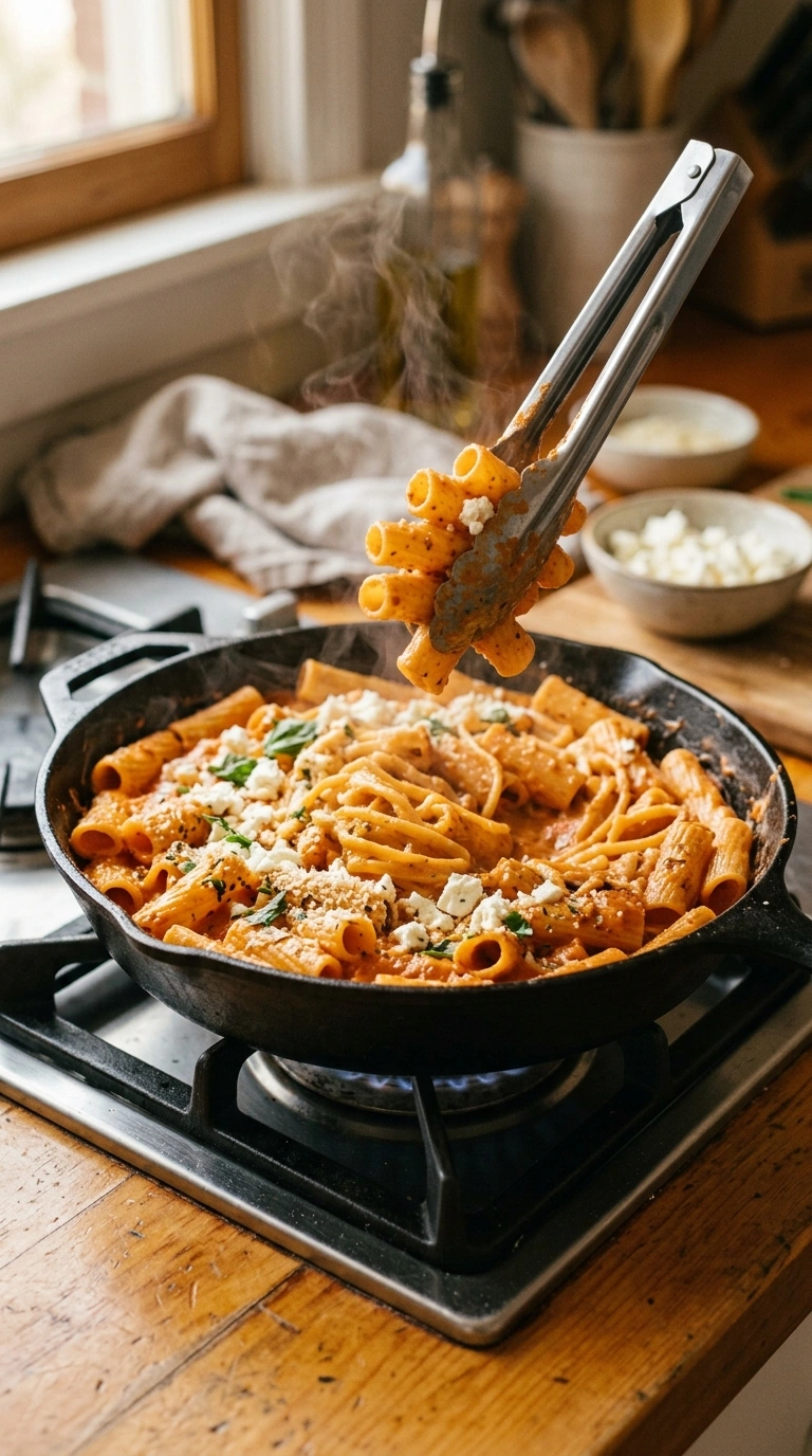 Cooking instructions for creamy hearty pumpkin feta pasta