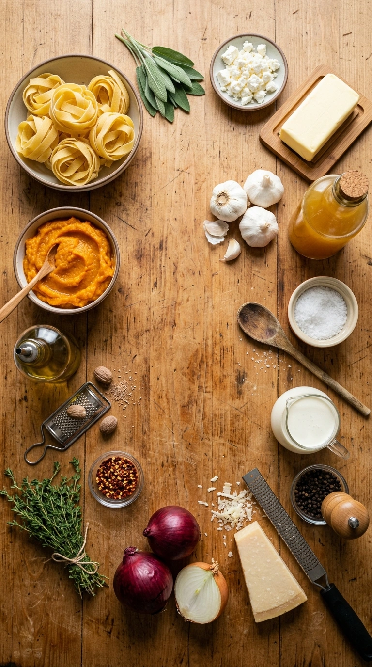 Ingredients for creamy hearty pumpkin feta pasta