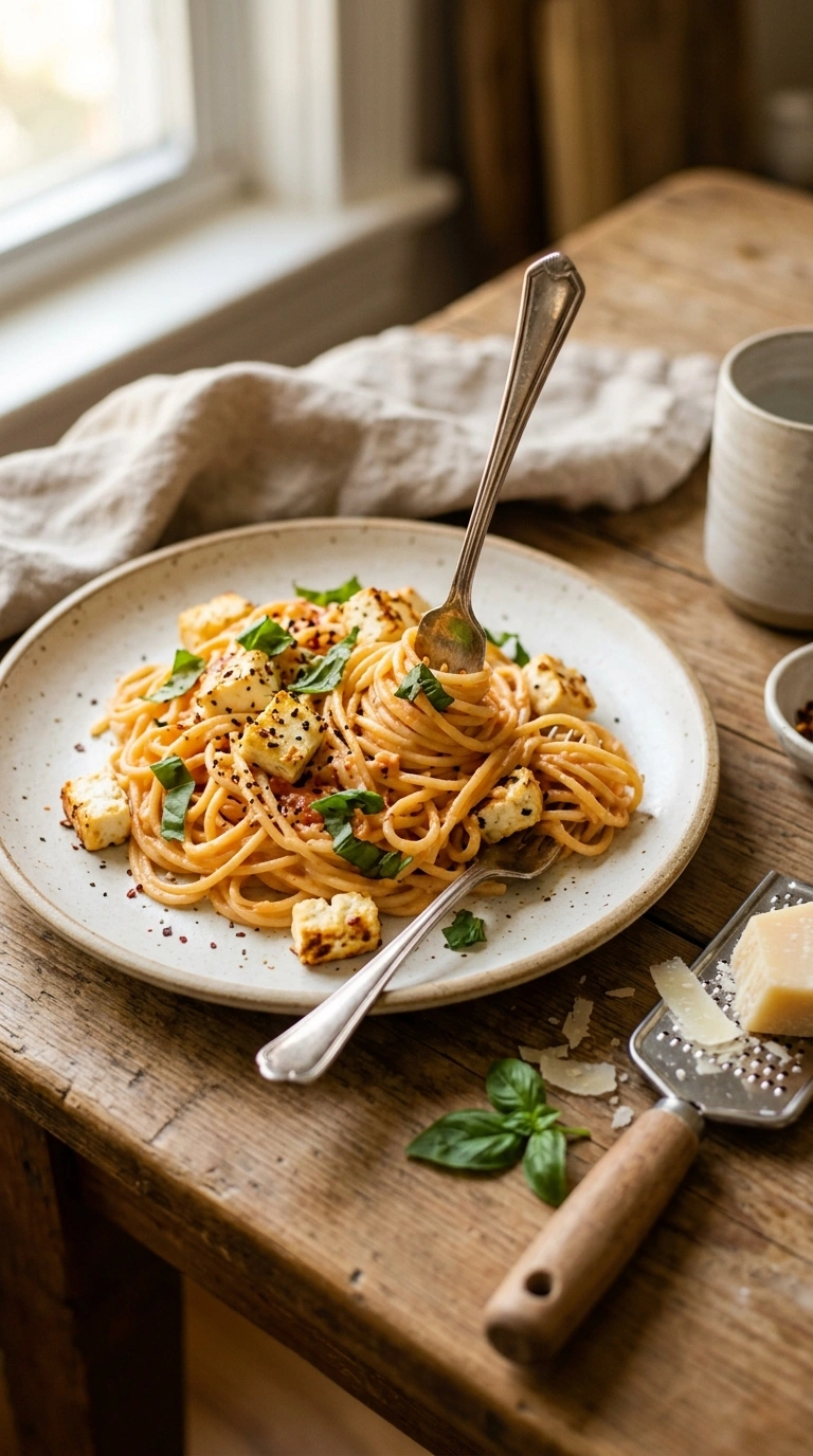 creamy hearty roasted feta pasta ready to serve