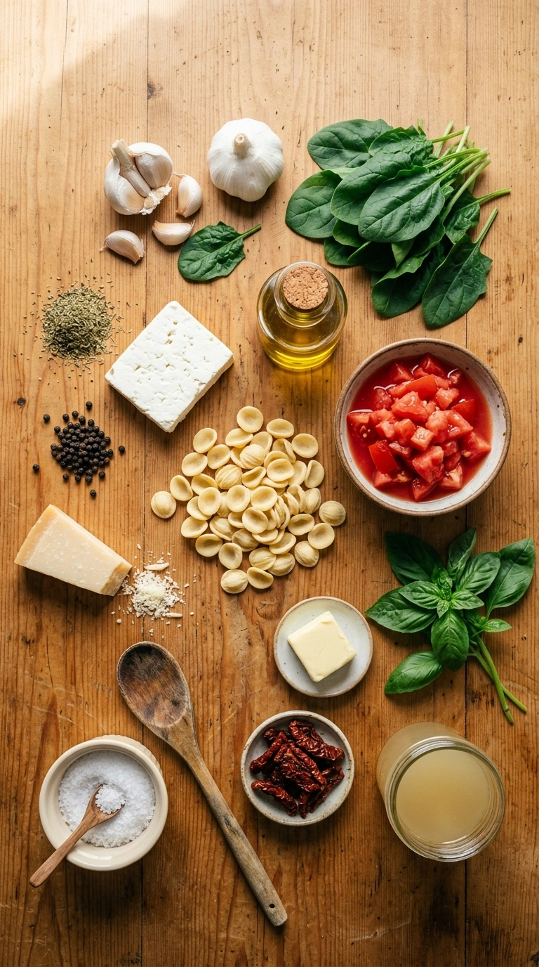 Ingredients for creamy hearty roasted feta pasta