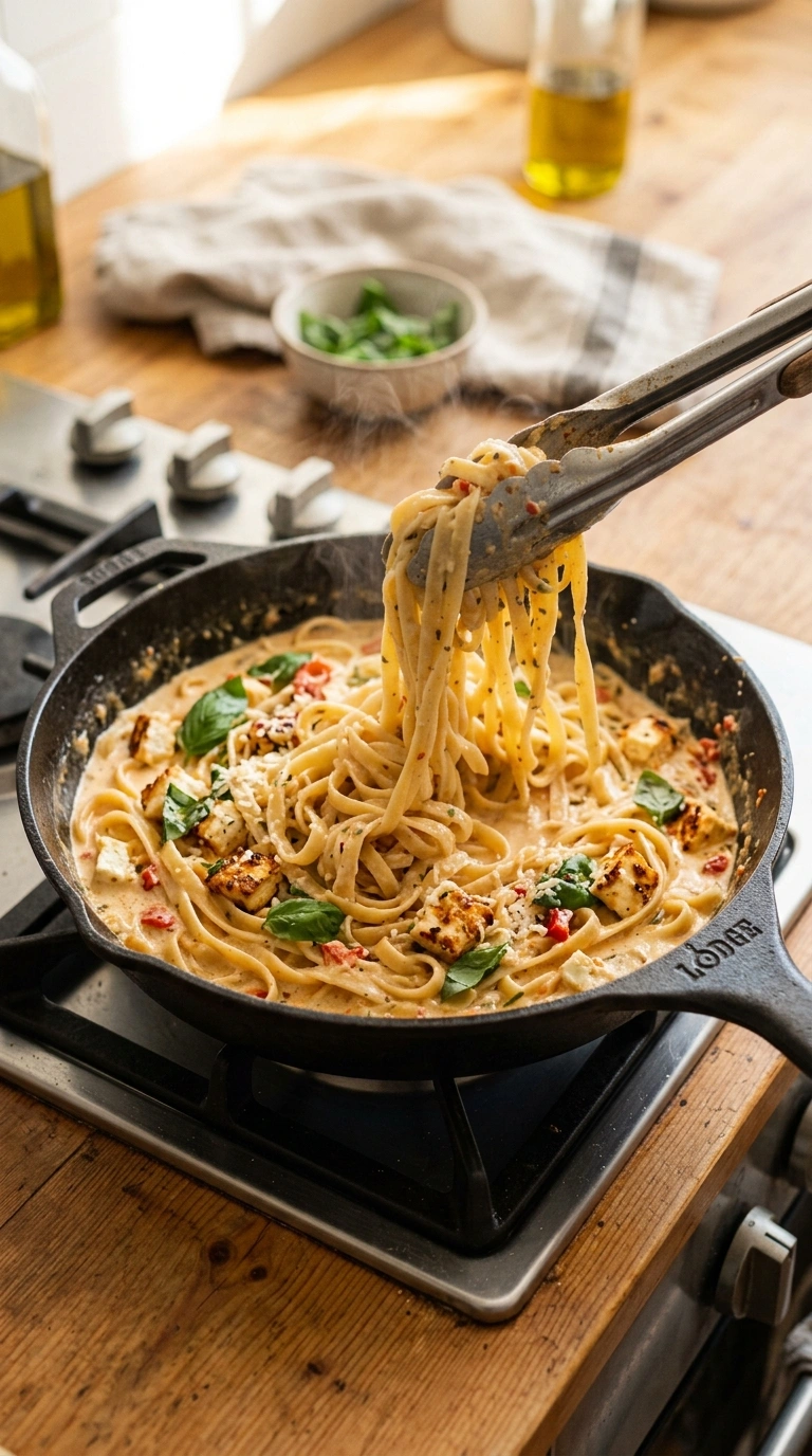 Cooking instructions for creamy hearty roasted feta pasta