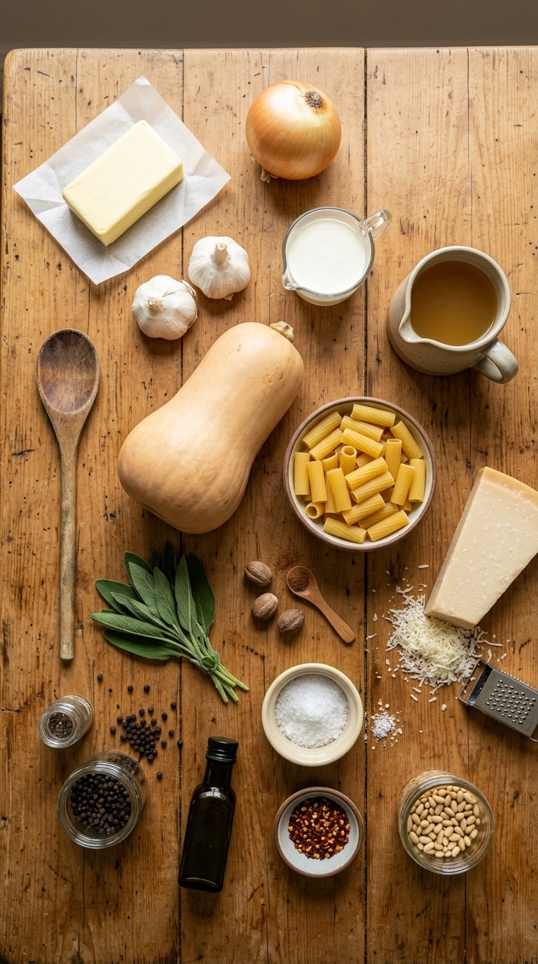 Ingredients for creamy silky butternut squash pasta