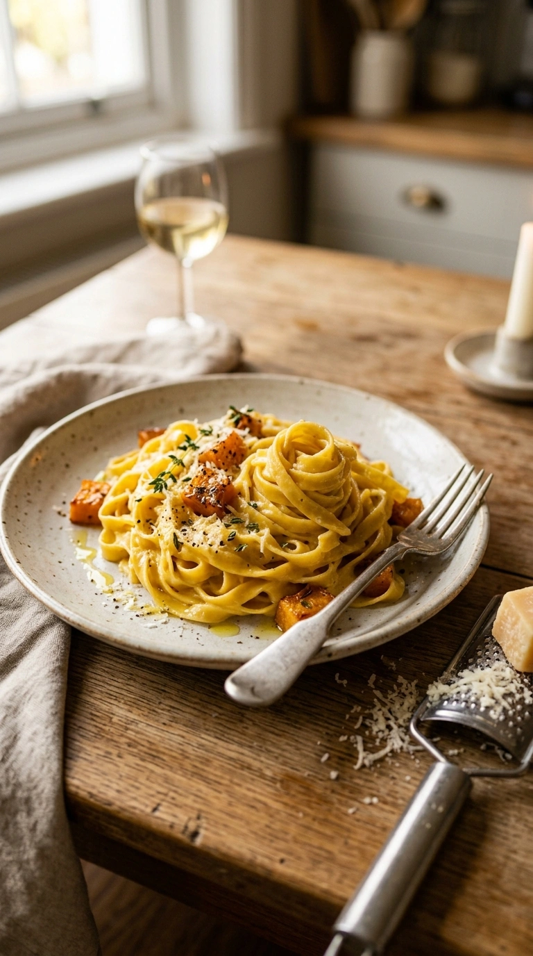 creamy silky butternut squash pasta ready to serve