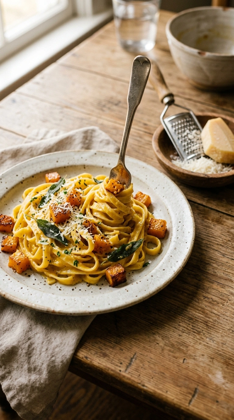 creamy silky roasted butternut pasta ready to serve