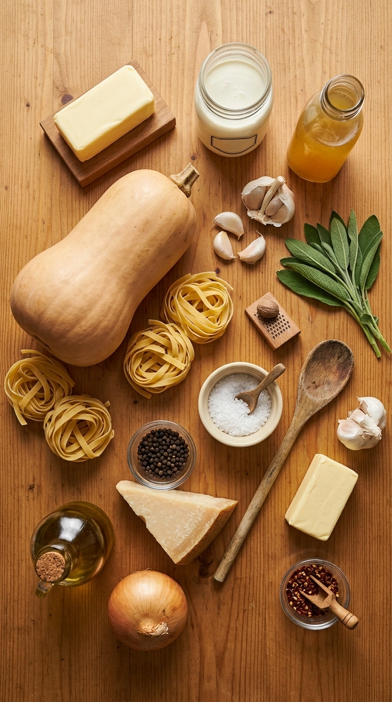 Ingredients for creamy silky roasted butternut pasta