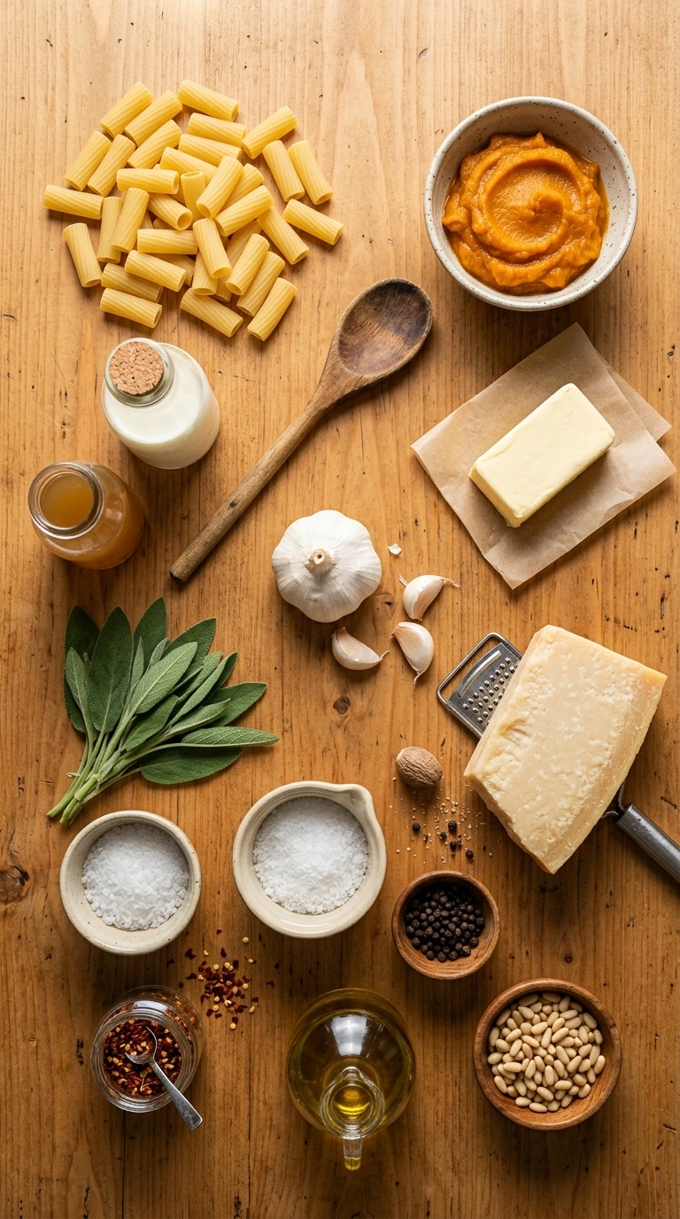 Ingredients for creamy silky pumpkin sage pasta