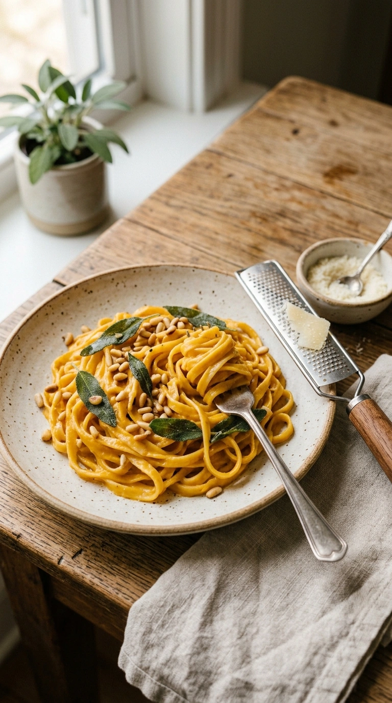 creamy silky pumpkin sage pasta ready to serve
