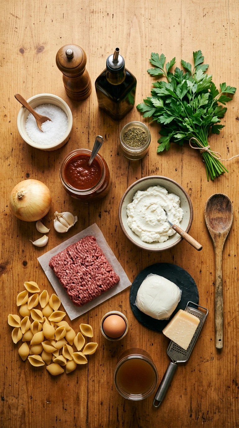 Ingredients for golden tender stuffed shells