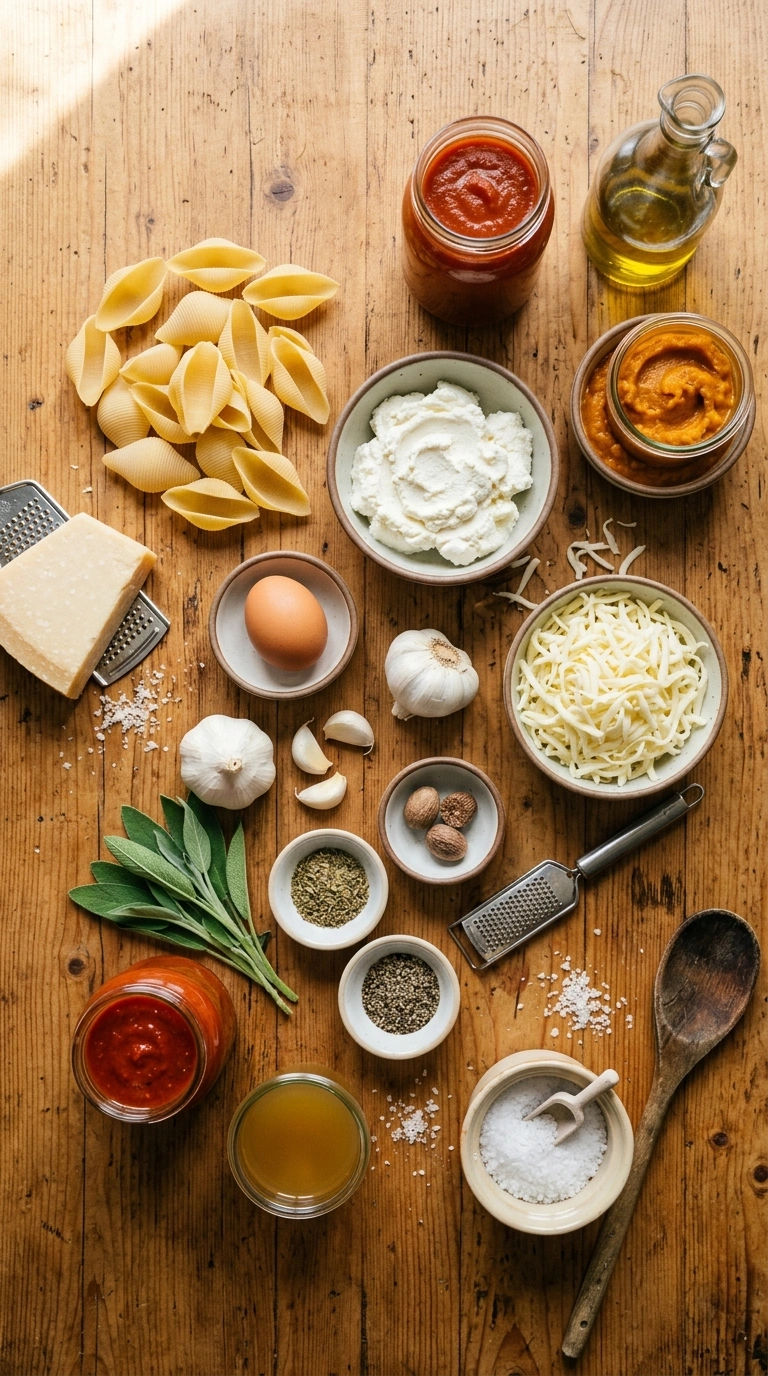 Ingredients for golden tender pumpkin stuffed shells