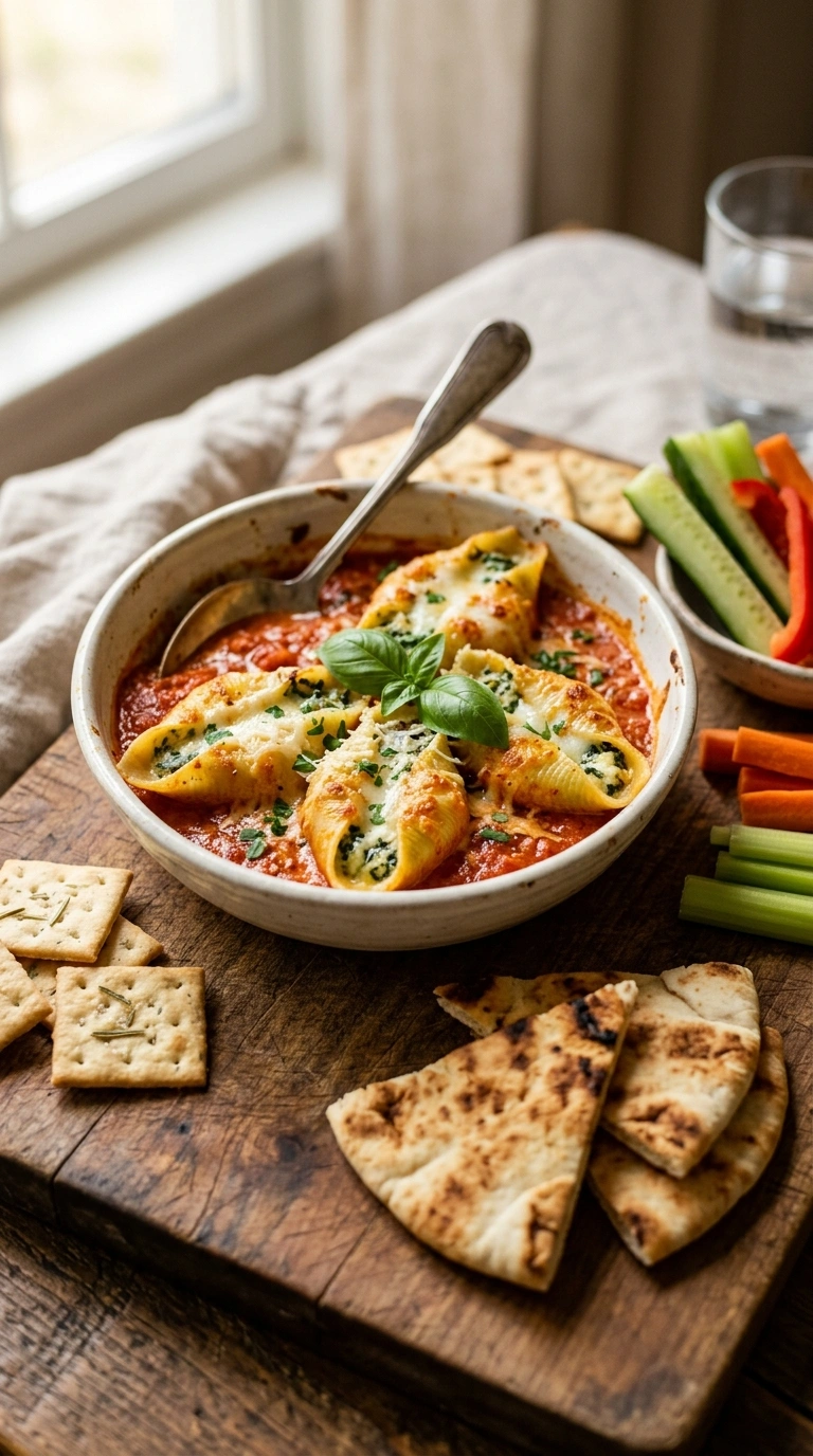 golden tender spinach stuffed shells ready to serve