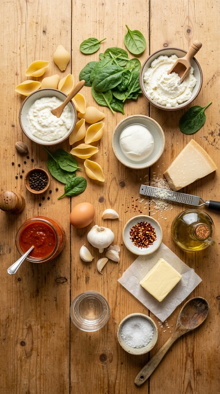 Ingredients for golden tender spinach stuffed shells