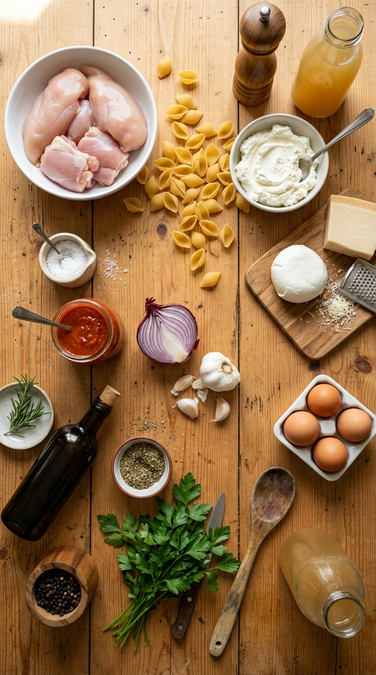Ingredients for golden tender chicken stuffed shells